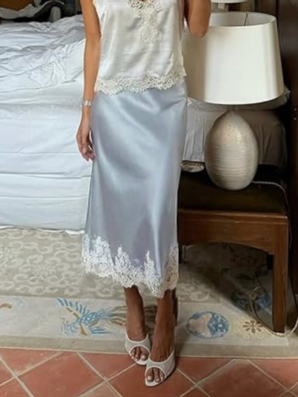 NWT Baby Blue Satin Lace Trim Midi Skirt